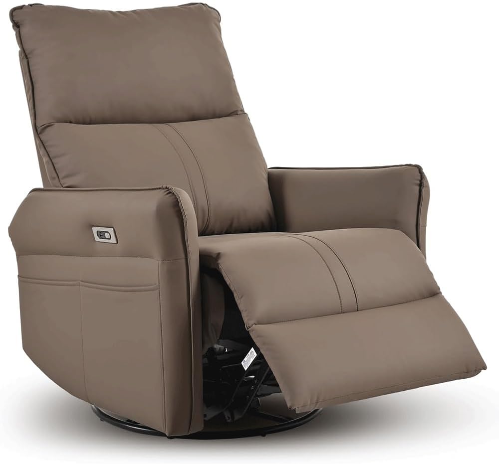 Power Swivel Rocker Recliner Chair with Charging Port, 270° Swivel Electric Recliner Chair, Comfortable Leather Reclining Chair, Brown Upholstered Power Recliner Sofa
