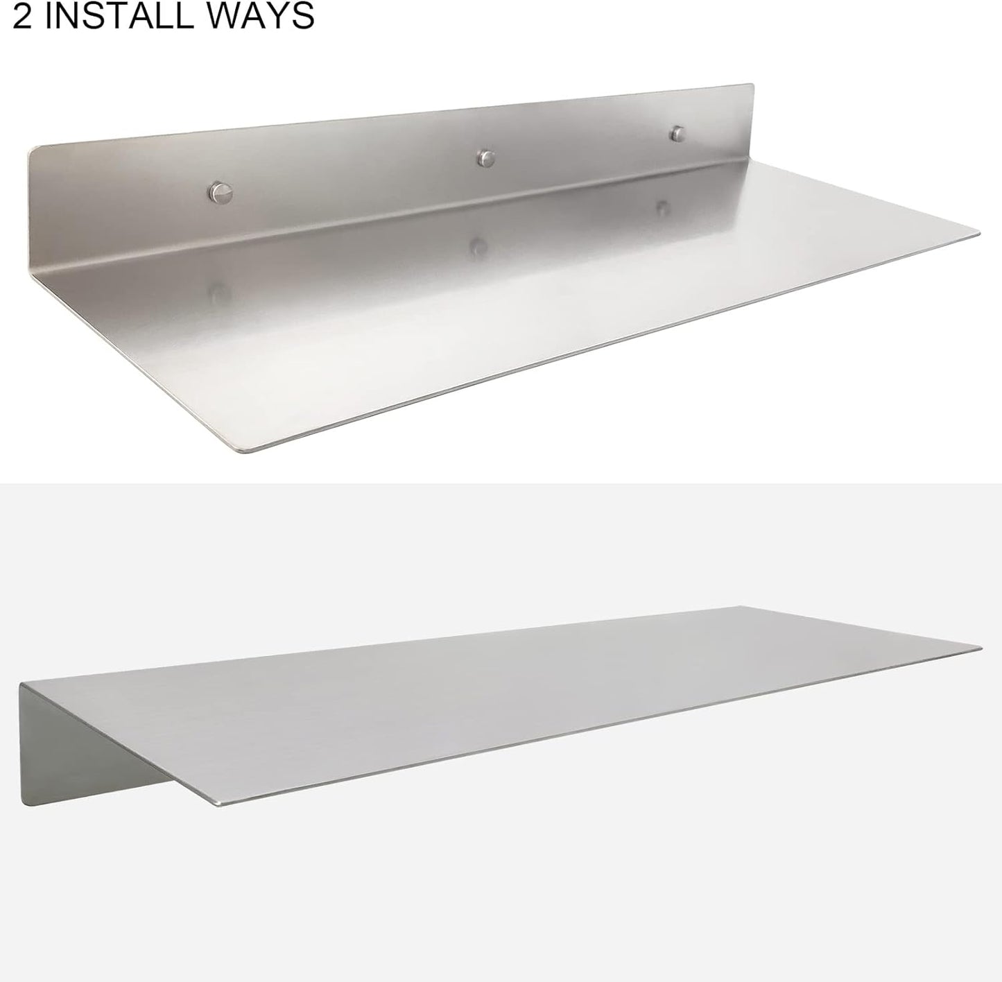 Brushed Nickel Stainless Steel Floating Shelves Wall Mounted Metal Shelf (24 inch x 8 inch) Heavy Duty Picture/Photo/Plant Display Ledge, Linear Floating Shelf Modern Farmhouse Shelf