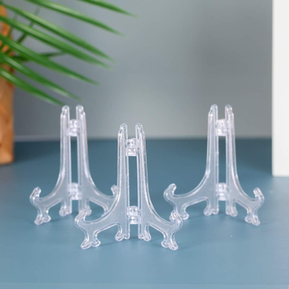 Artliving 4 Inch Clear Plastic Easels or Stand/Plate Holders to Display Pictures or Other Items at Weddings, Home Decoration, Birthdays, Tables (12 Pack)