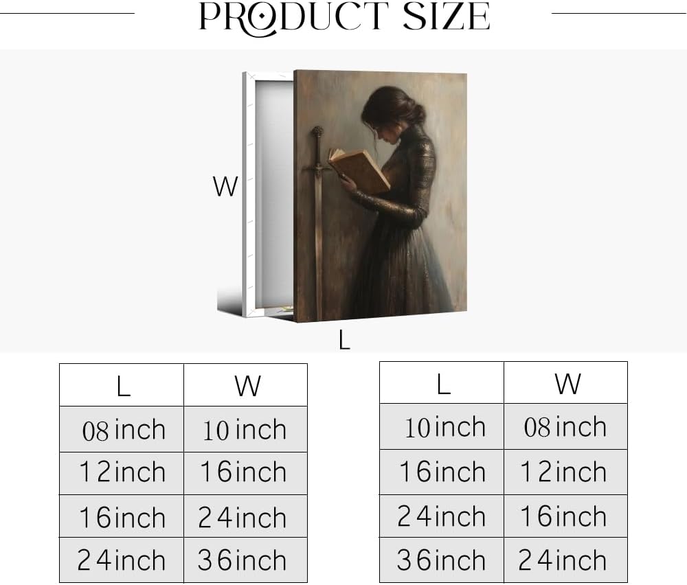 Vintage Victorian Woman Knight Reading a Book Wall Art Print Library reading posters Dark Academia Aesthetic Room Decor Unique Neutral Victorian book wall art bookish decor Framed12x16inch
