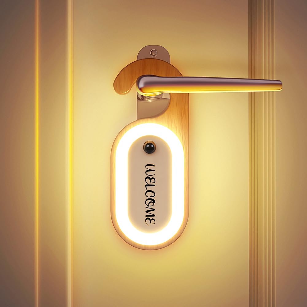 LANDGOO 1-Pack Retro Wooden Door Knob Night Light with Motion Sensor & Message Board, Rechargeable Wall Mount Lamp with Hook, Hotel Style LED Light for Bedroom Bathroom Hallway