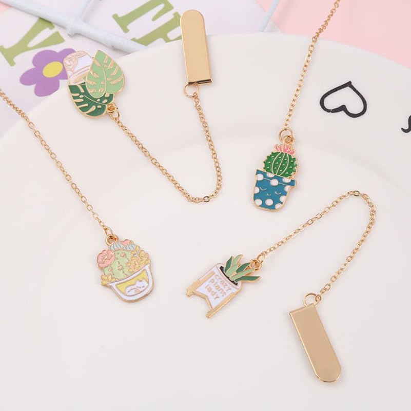 NUOBESTY 4Pcs Plant Bookmark Cactus Page Holder Clip Metal Book Markers Botanical Bookmark Decorative Book Page Marks for Teachers Day Presents