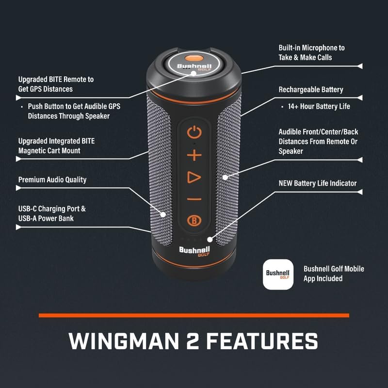 Bushnell Golf Wingman 2 GPS Bluetooth Speaker | Audible Distances, Magnetic Cart Mount, Custom Sound Bites, TWS Pairing & USB-C Charging
