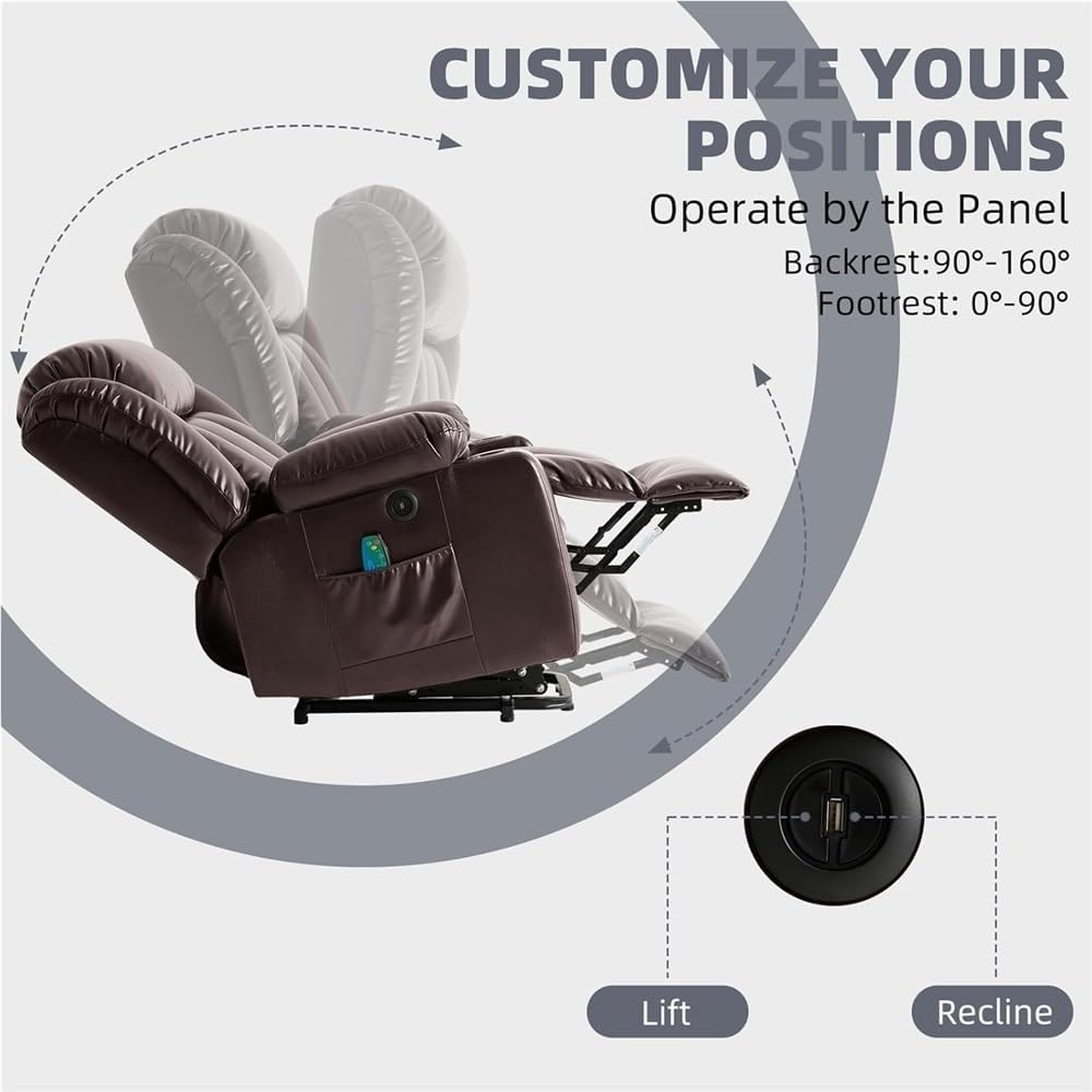 Power Lift Recliner Chair for Elderly, Heavy Duty Electric Massage Sofa with Heat & Vibration, Breathable PU Leather Reclining Seat, 2 Cup Holders, USB Ports, Side Pockets