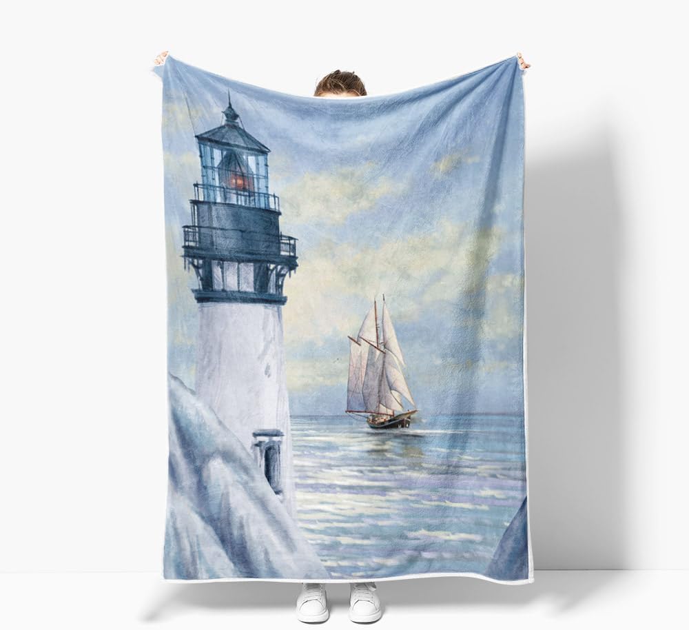 Coastal Lighthouse Throw Blankets, Sunrise Blue Ocean Warm Cozy Flannel Blanket, Sailboat Nautical Blanket for Sofa Camping Couch Bed Travel 50X60 inch