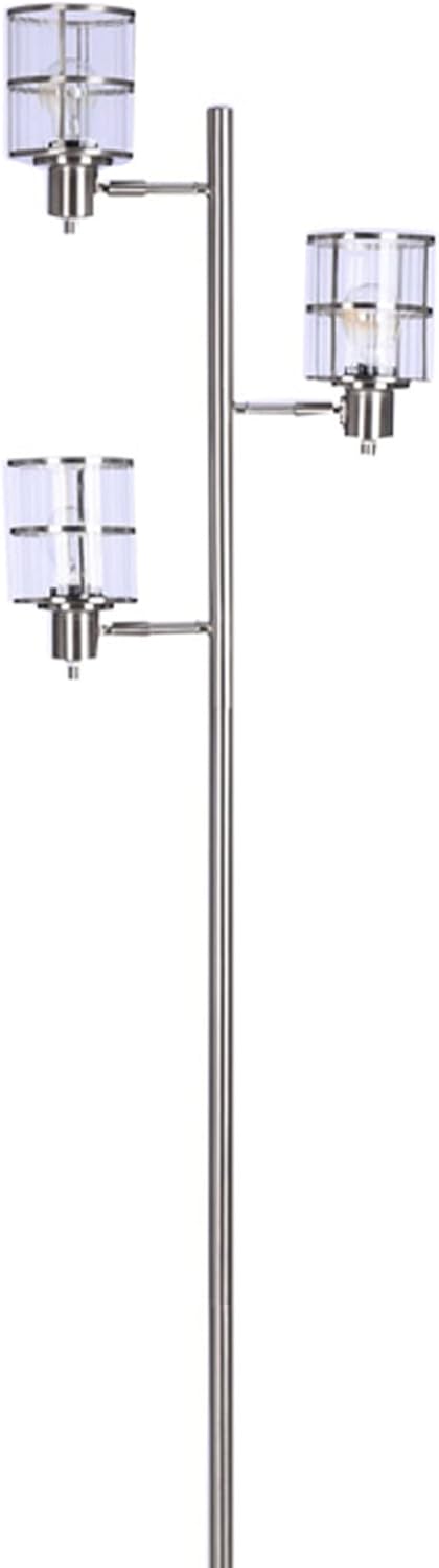 Catalina Lighting Modern 3 Light Floor Lamp with Adjustable Ribbed Glass Shades & Reading Light, 68", Classic Brushed Nickel