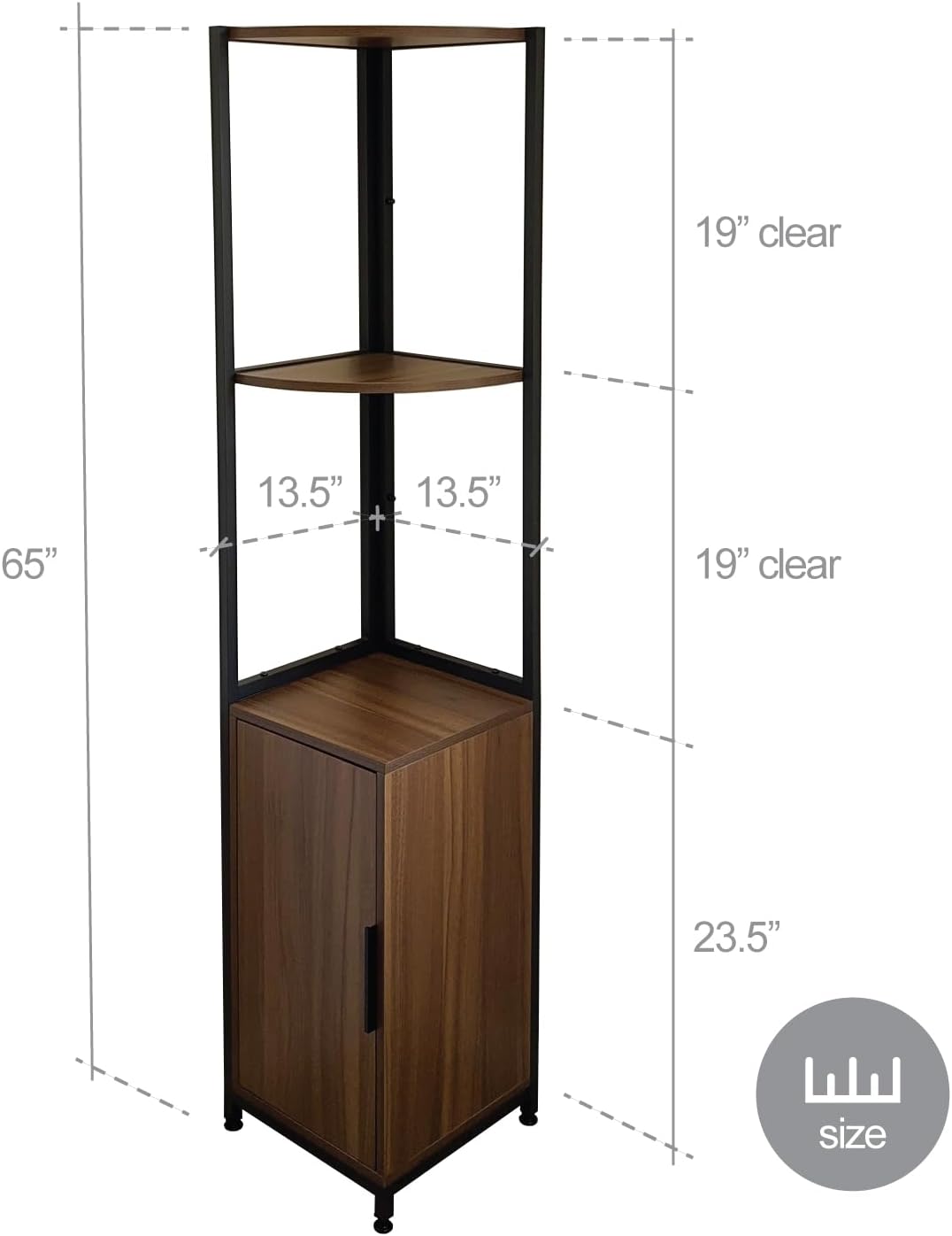 Mitus Corner Shelf Tower with Storage Cabinet, Modern Display Bookshelf Stand, Plant Shelf for House Décor, Living Room, Bar, Office, Kitchen, Bathroom, Bedroom - 65" H Rustic Brown