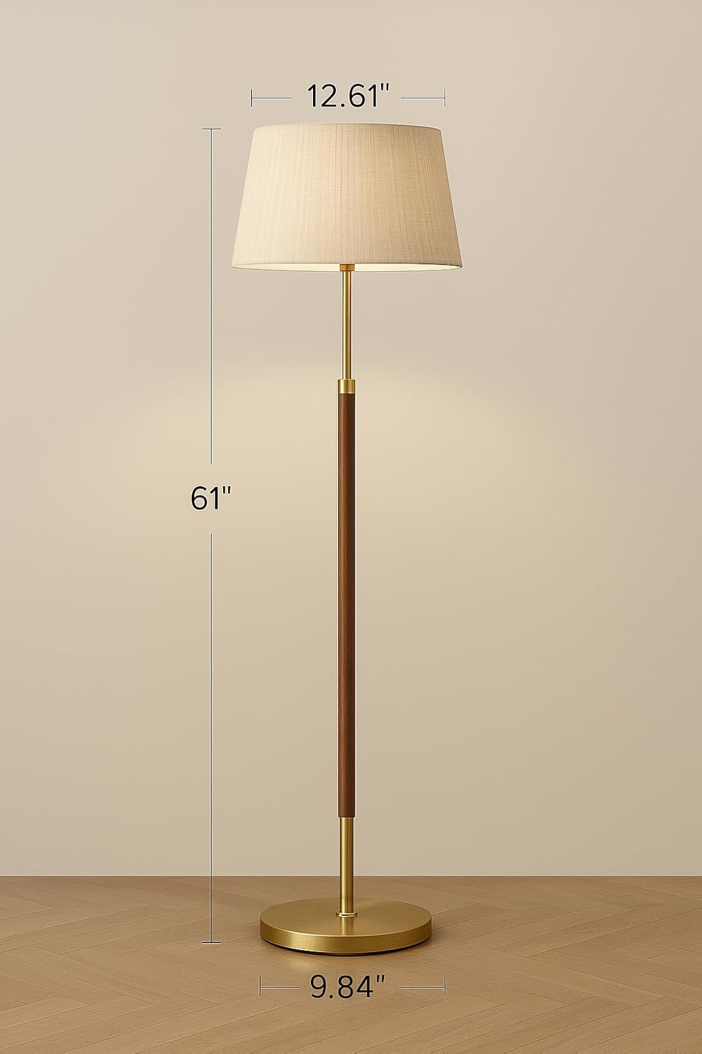 JOOFO Mid-Century Modern Wood Floor Lamp with Dual Fabric Shade, Remote Control, Dimmable & Adjustable Color Temperature, Reading & Living Room Lamp, Easy Clean Cover, Foot Switch,Walnut Wood