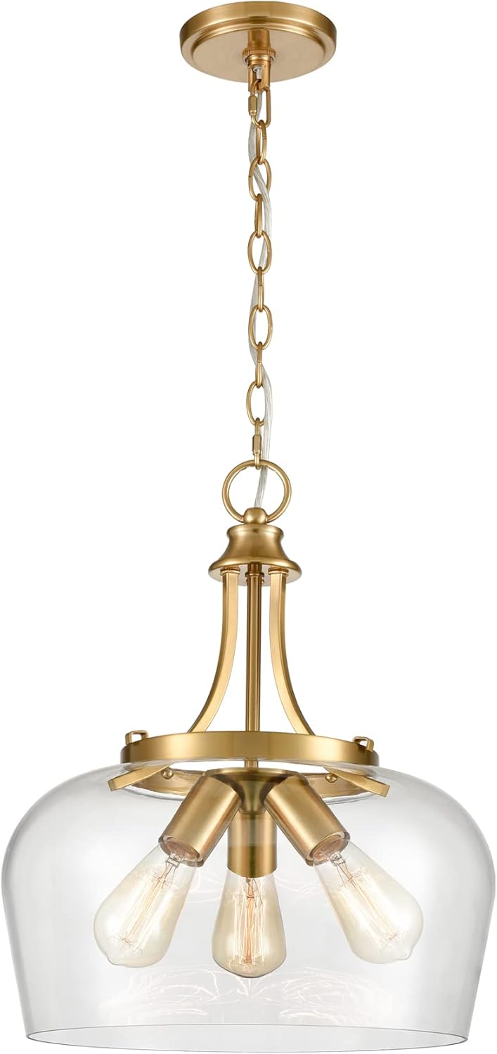 Modern Gold Pendant Light Mid Century 3-Light Clear Glass Pendant Lighting with Adjustable Chain Hardwired Brass Glass Pendant Lights Kitchen Island for Dining Room Bedroom Living Room