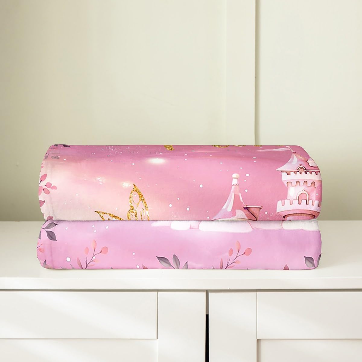 Erosebridal Princess Flannel Blanket Pink Princess Castle Fuzzy Plush Throw Cute Dreamy Gold Fairys Fleece Blanket for Kids Boys Girls,Romantic Rose Flower Clouds Decor for Bed Couch Queen 90"x90"