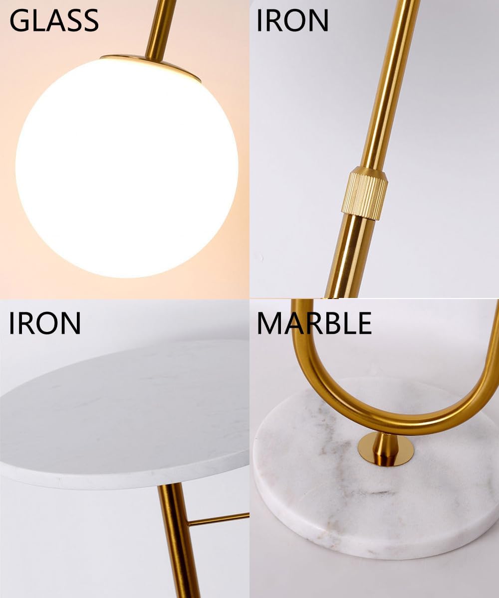 Nordic Height Adjustable Arc Tall Lamp Glass Ball Floor Lamp Marble Base Floor Light with Desktop E26 Three Color Light Dimmer Fixture for Living Room Bedroom Tea Room