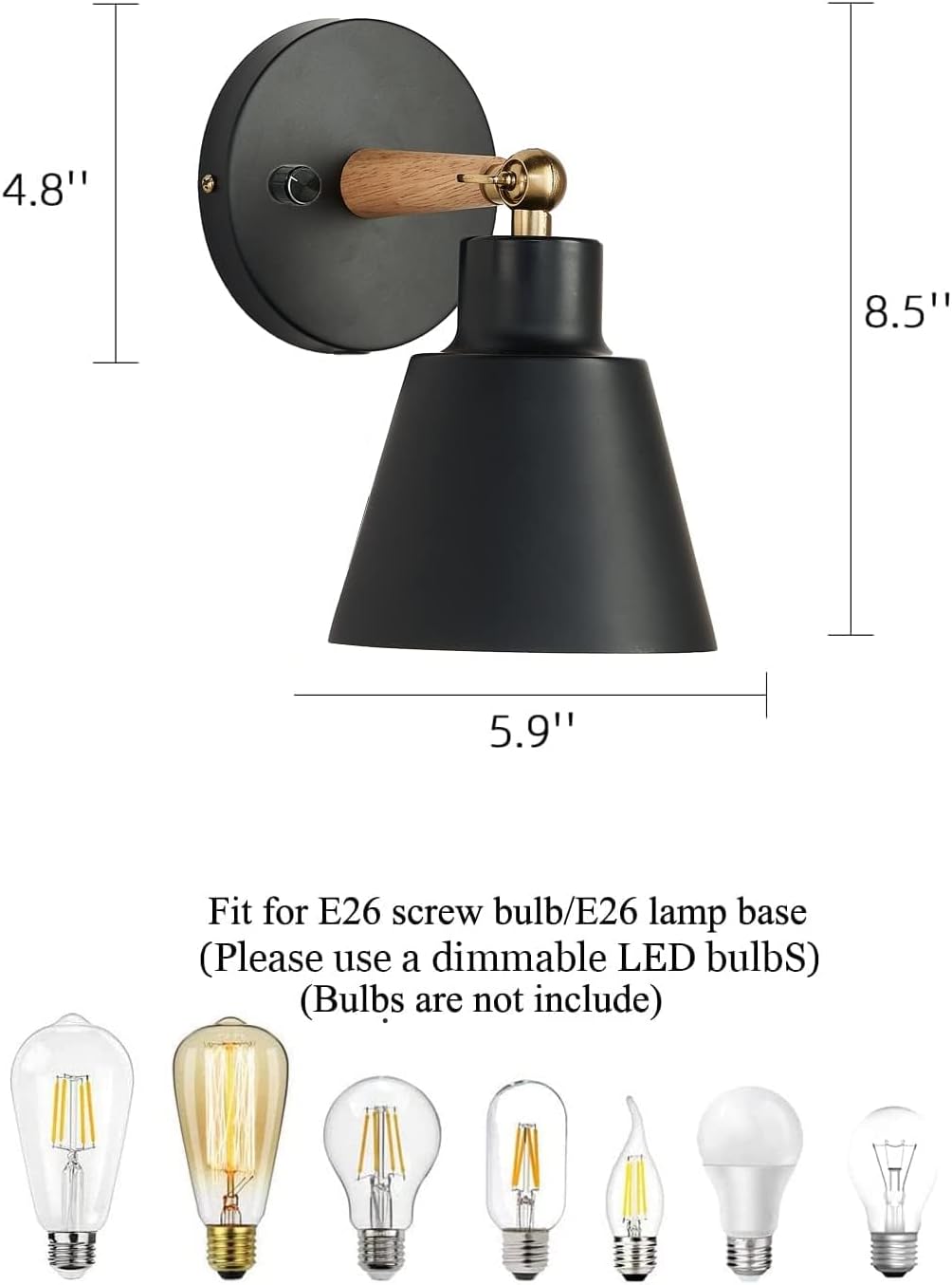 ClanKin Wall Sconces Lighting, Black Wood Style Wall Sconce Reading Lamp, Adjustable Wall Light for Bedroom Hallway Living Room (1 Pack, Black Hard-Wired)