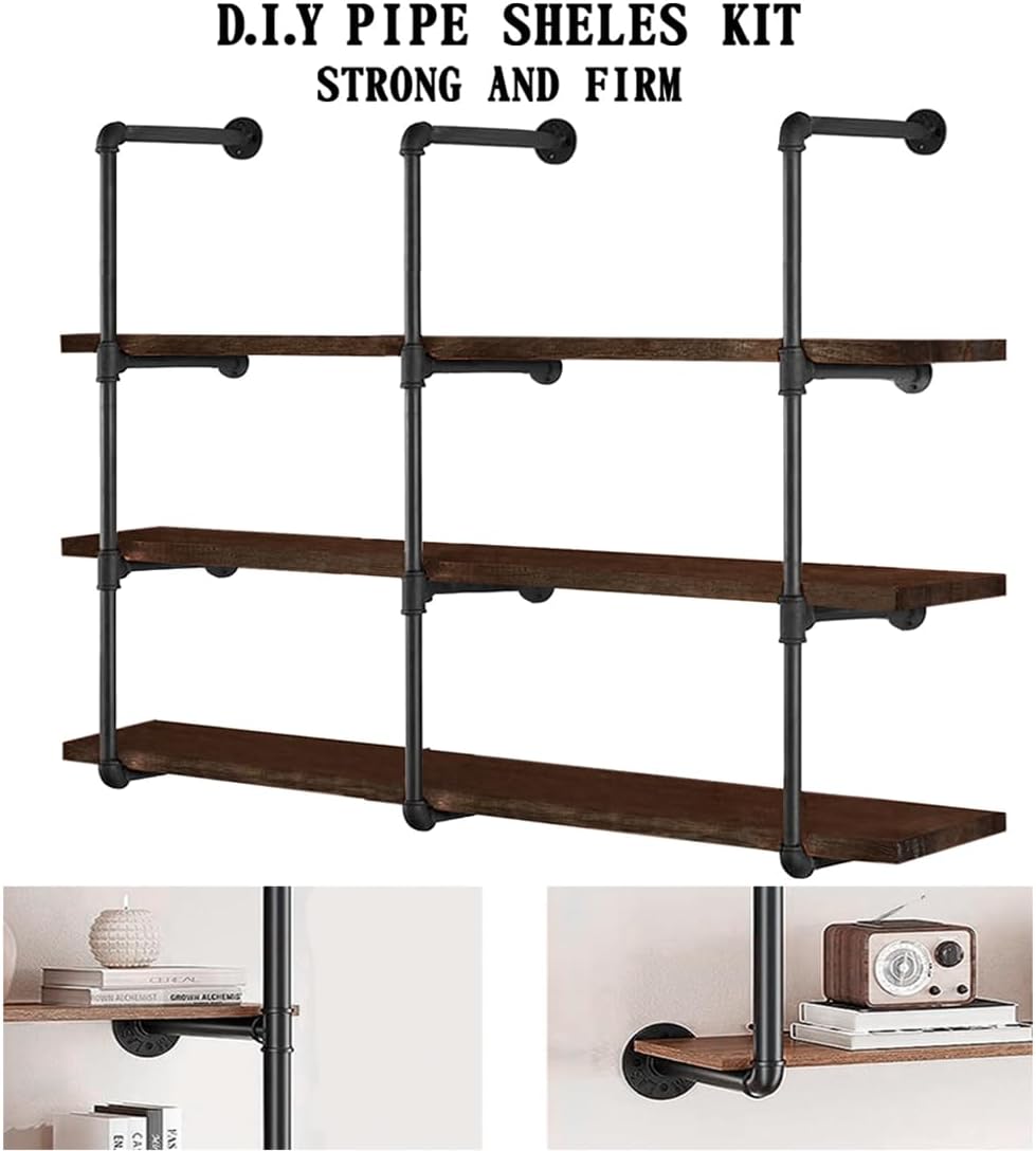 HITOMEN Industrial Iron Pipe Shelves, 3 Set 4-Tier 41.5" Tall 12" Depth, DIY Open Bookshelf Bookcase, Wall Mounted Vintage Retro Shelving, Rustic Farmhouse Pantry Kitchen Storage, Black Shelf Brackets