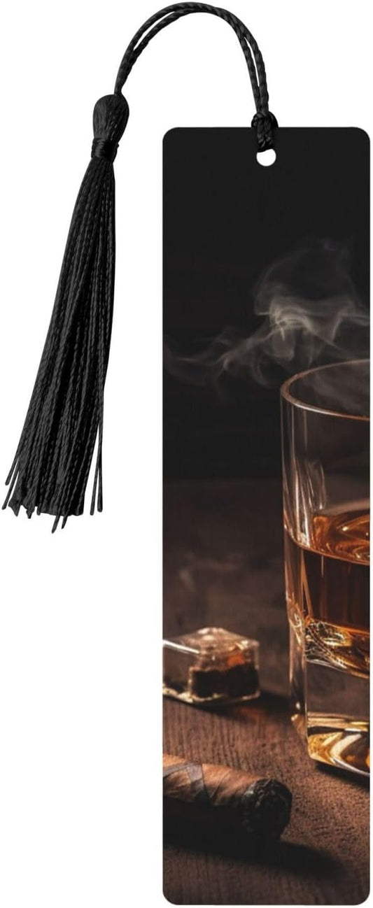 Cigar & Whiskey Bookmark, Wooden Bookmarks for Book Lovers Handmade Wood Book Mark with Tassel Reading Page Markers Ornament Wooden Gift Tags Labels for Craft Decorations