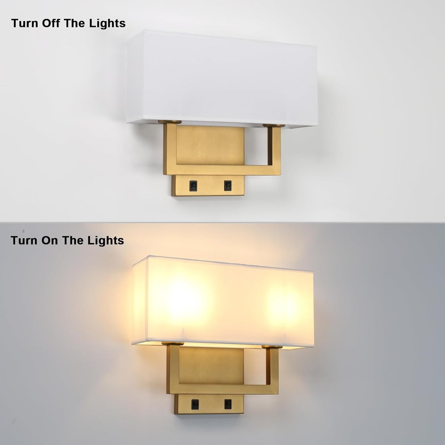 Yosoan Indoor Bedside Wall Sconce with On Off Switch, Modern Boho Interior Finish Brass 2-Light Vanity Vintage Industrial with Square White Fabric Shade for Reading Room Hallway(Antique)