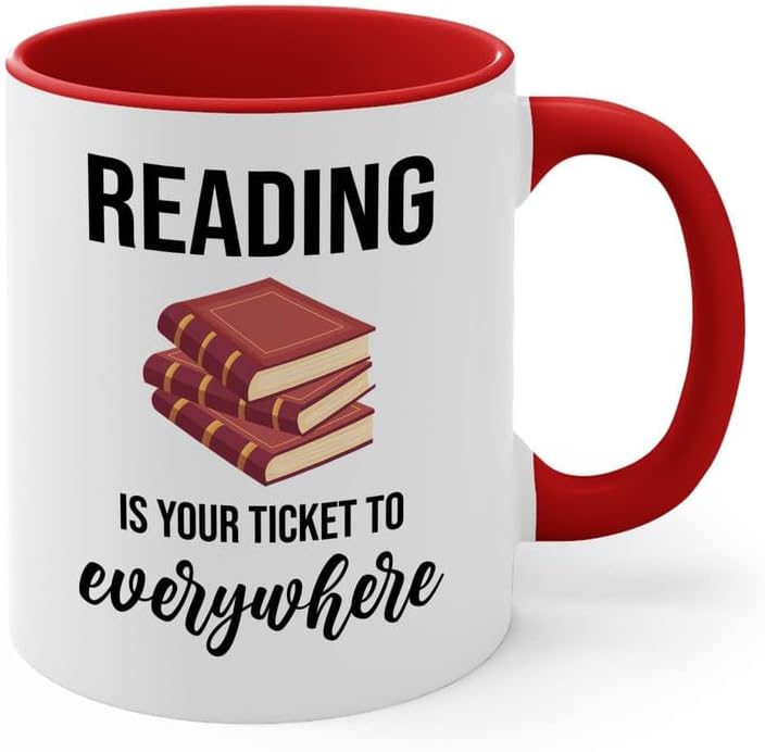 Bookish 2Tone Mug 11oz Red -Reading ticket to everywhere - Novel enthusiast Book Club Librarian Book Lover Writer Reader Bibliophile