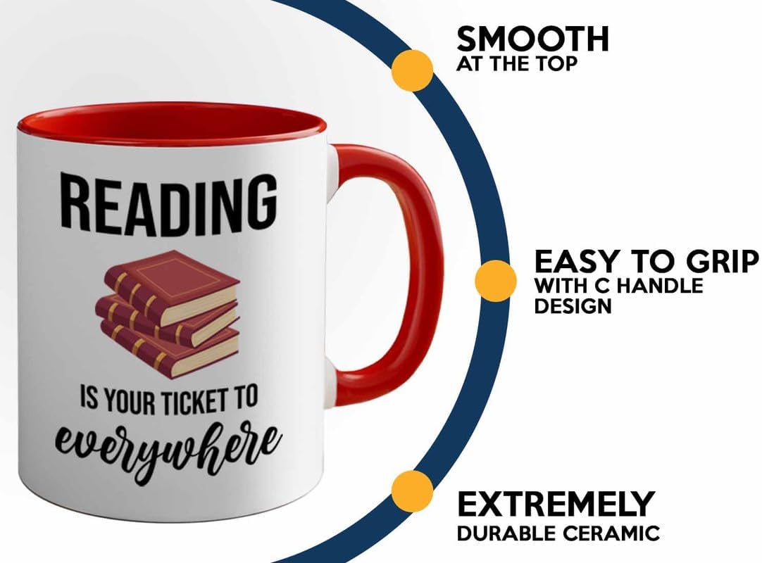 Bookish 2Tone Mug 11oz Red -Reading ticket to everywhere - Novel enthusiast Book Club Librarian Book Lover Writer Reader Bibliophile