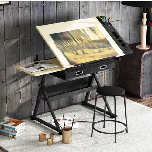 Drawing Tilting Tablet,(Wood Drafting Table & Stool Set Artist Desk, 0°-45° Tilted Tabletop, （26.8"-35.8"） Height Adjustable, Drawing Workstation)