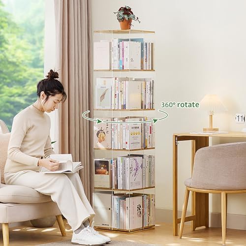 360° Rotating Bamboo Bookshelf Tower - 4-Tier Vertical Spinning Bookcase Stylish Wood Storage Display Rack for Living Room Office and Home Décor