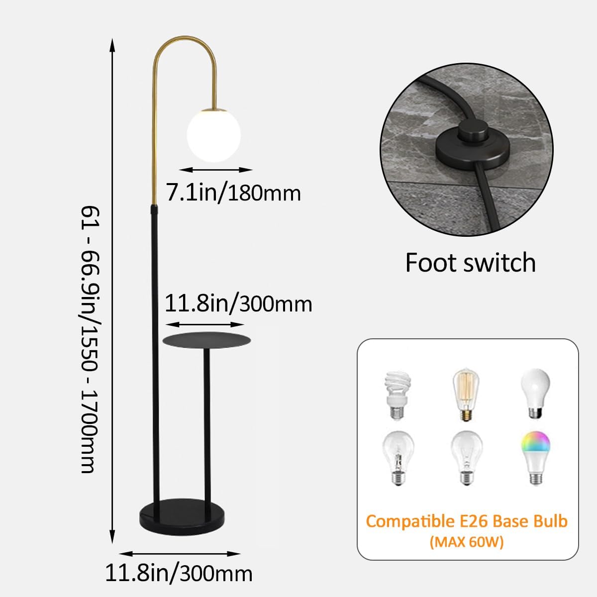 Globe Modern Floor Lamp Black Floor Lamp Height Adjustable Standing Lamps with Table & Marble Base Minimalist Metal Standing Reading Pole Lamp for Bedroom Home Decor