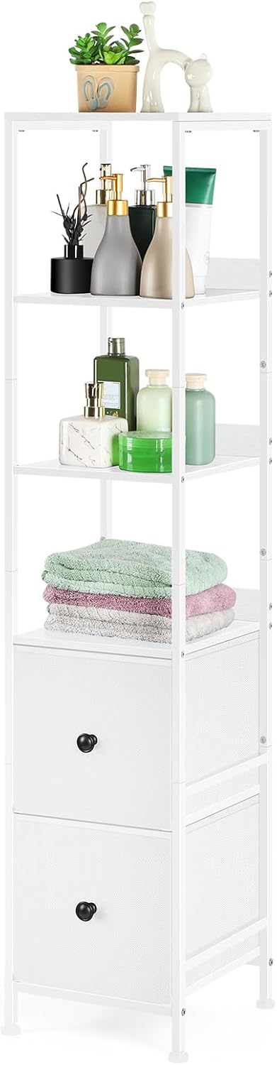 smusei Bathroom Storage Cabinet 55.9'' Tall Bathroom Storage Floor Cabinet with 2 Drawers and Shelves, Slim Corner Cabinet Narrow Bathroom Organizer Rack for Living Room, Kitchen, White
