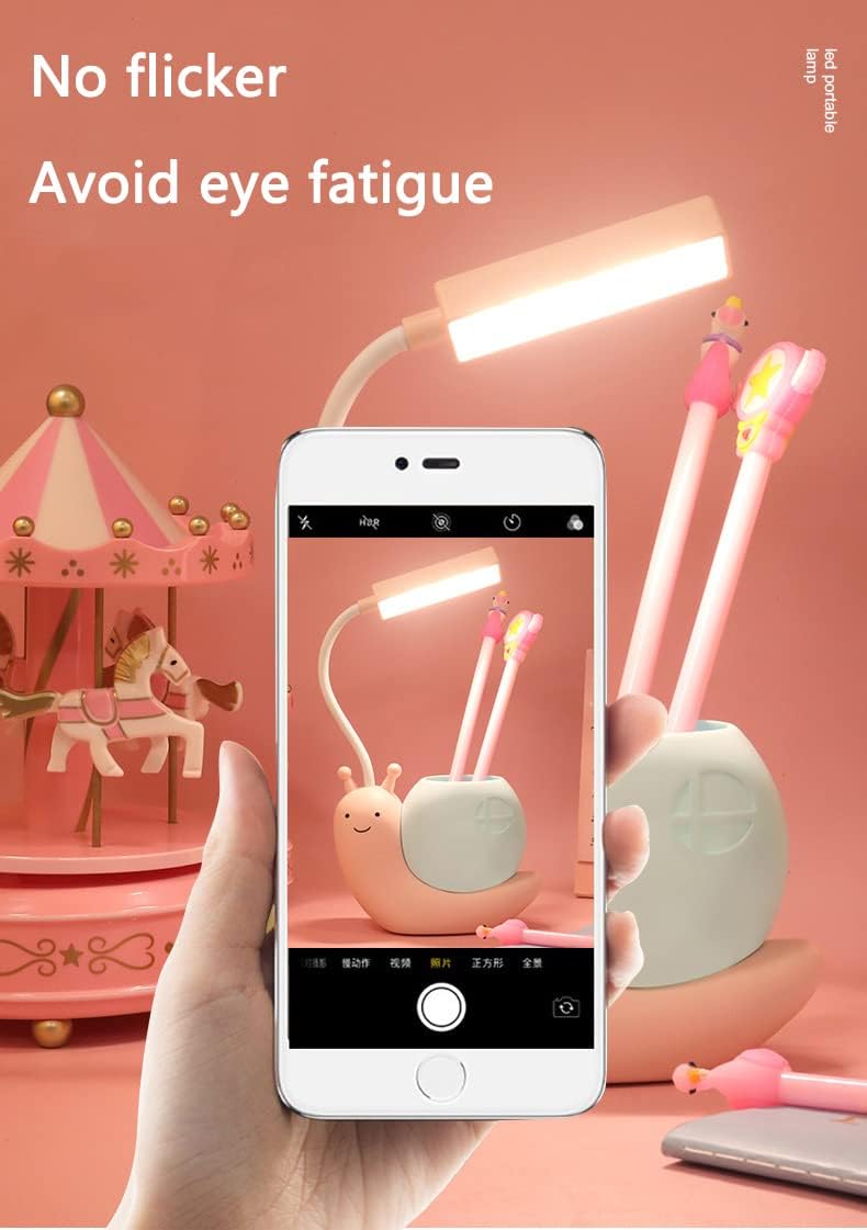 Cute Kids Lamp with Pen Holder,LED Desk Lamp for Child,Snail Shape USB Charging Student Learning Eye Protection Lamp with 360° Bendable Adjustable Neck Pink