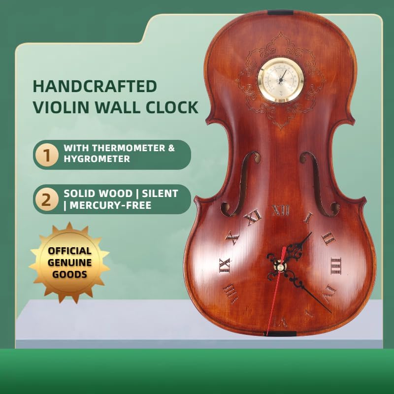 Handcrafted Solid Wood Violin Wall Clock with Thermometer & Hygrometer | Unique Musical Gift for Musicians, Mercury-Free Indoor Temperature Gauge, Analog Quartz Timepiece (Thermometer Clock)