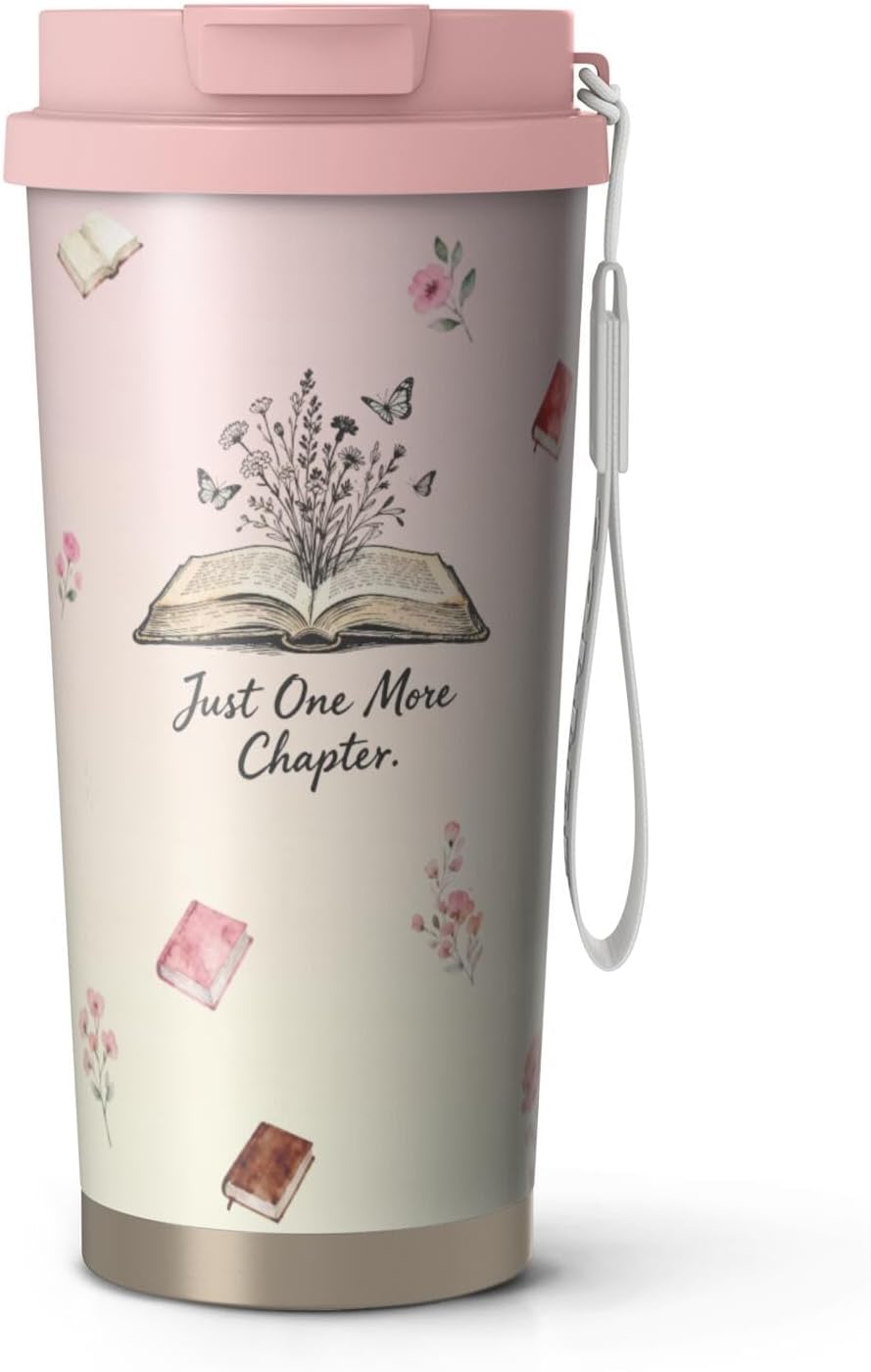 Just One More Chapter Stainless Steel 2-in-1 Lid Coffee Tumbler 18 oz, Book Lover Gifts For Women, Insulated Travel Mug Gift For Girls Friends Bookworm, Gift Idea for Birthday Christmas