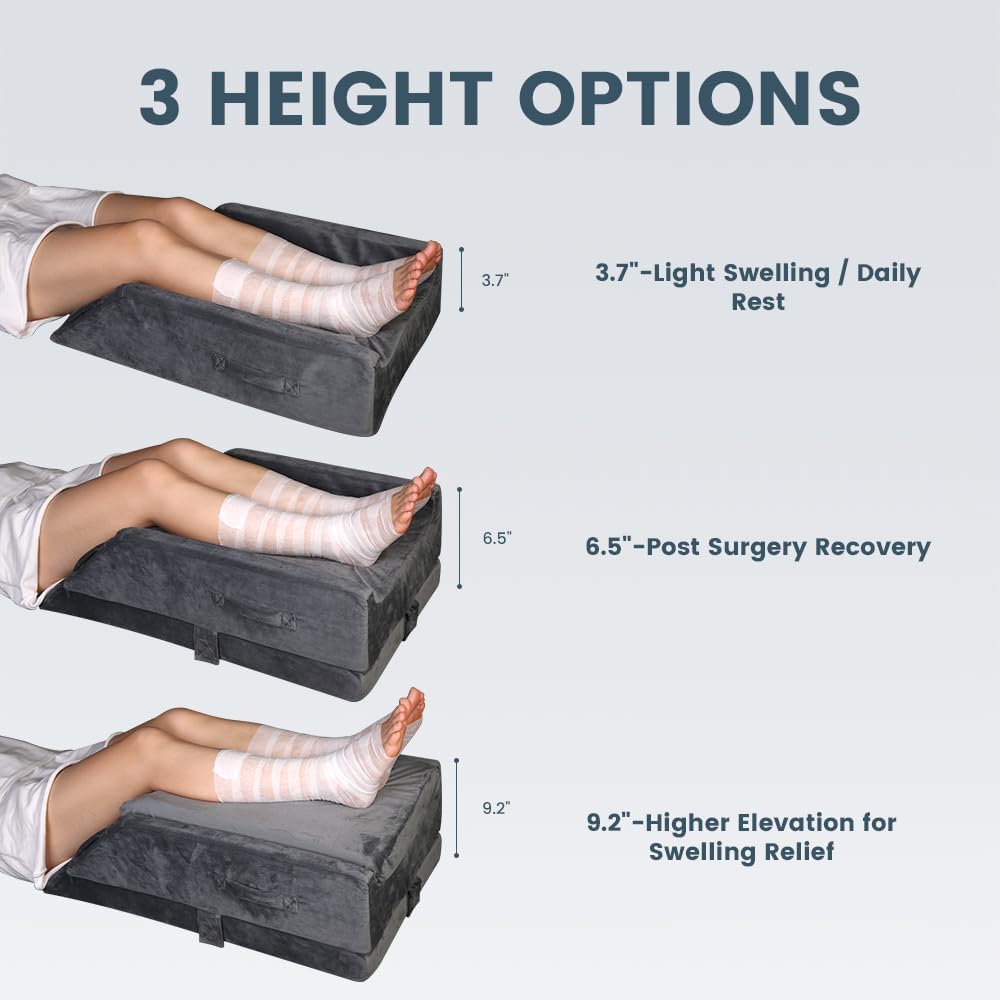 CIVJET 3-Height Adjustable Leg Elevation Pillows After Surgery - Memory Foam Support for Both Legs, Knee & Ankle Wedge for Swelling & Circulation, Removable Washable Velvet Cover