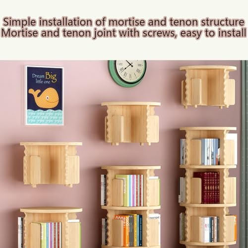 360° Rotating Kids Bookshelf Tower, Solid Wood Revolving Bookcase with Letter Baffle, Space-Saving Storage for Children's Room, Study, Playroom, A6