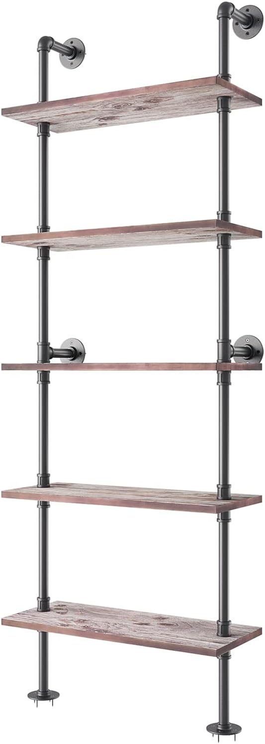 Yuanshikj 5 Tier Industrial Pipe Solid Wood Ladder Shelf/Shevles/Shelving Bookshelf/Bookcase Metal Iron Planks Rustic Wall Mounted for Living Room Decor Storage (5 Tier with 24" Solid Wood)