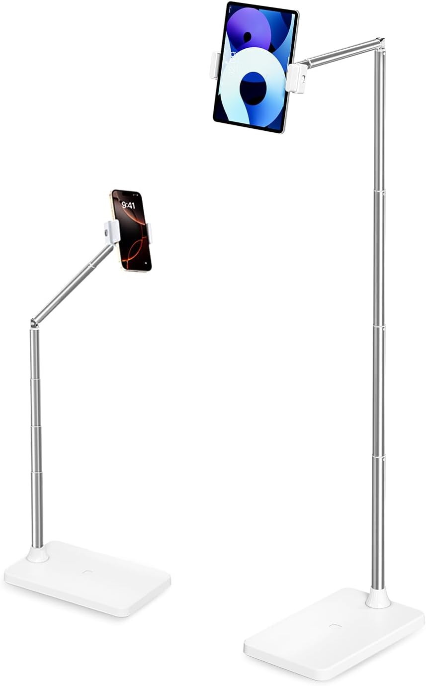 Tablet Floor Stand, Adjustable iPad Holder for Bed & Sofa - 360° Rotating Long Arm, Height Adjustable from 13.5" to 60.3", Sturdy Metal Base for iPad, Tablet, Phone (4-13 Inch), White