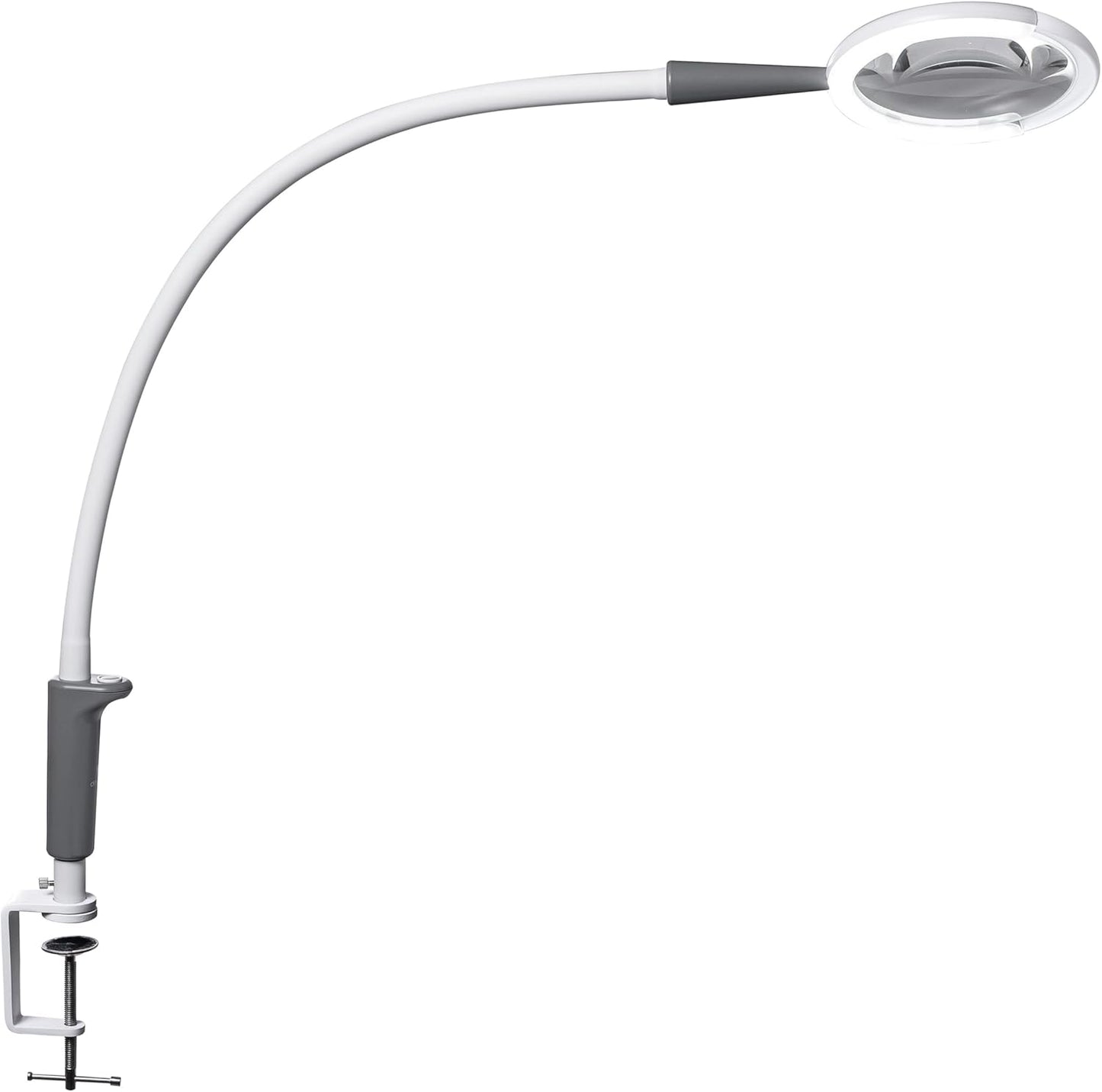Daylight Magnificent Pro™ LED Magnifying Lamp with Clamp – 2-in-1 Task Light & Magnifier, 5,500 Lux at 6", 5" 1.75X Lens, 3 Brightness Levels, Flexible 26" Arm, 95+ CRI, Easy Twist Head – White/Grey