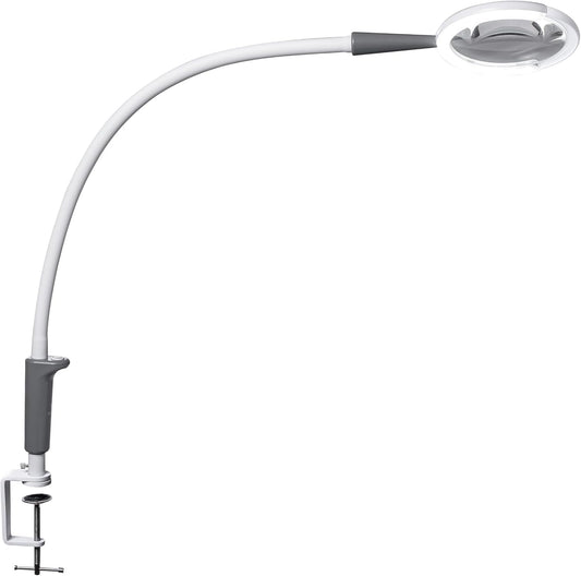 Daylight Magnificent Pro™ LED Magnifying Lamp with Clamp – 2-in-1 Task Light & Magnifier, 5,500 Lux at 6", 5" 1.75X Lens, 3 Brightness Levels, Flexible 26" Arm, 95+ CRI, Easy Twist Head – White/Grey