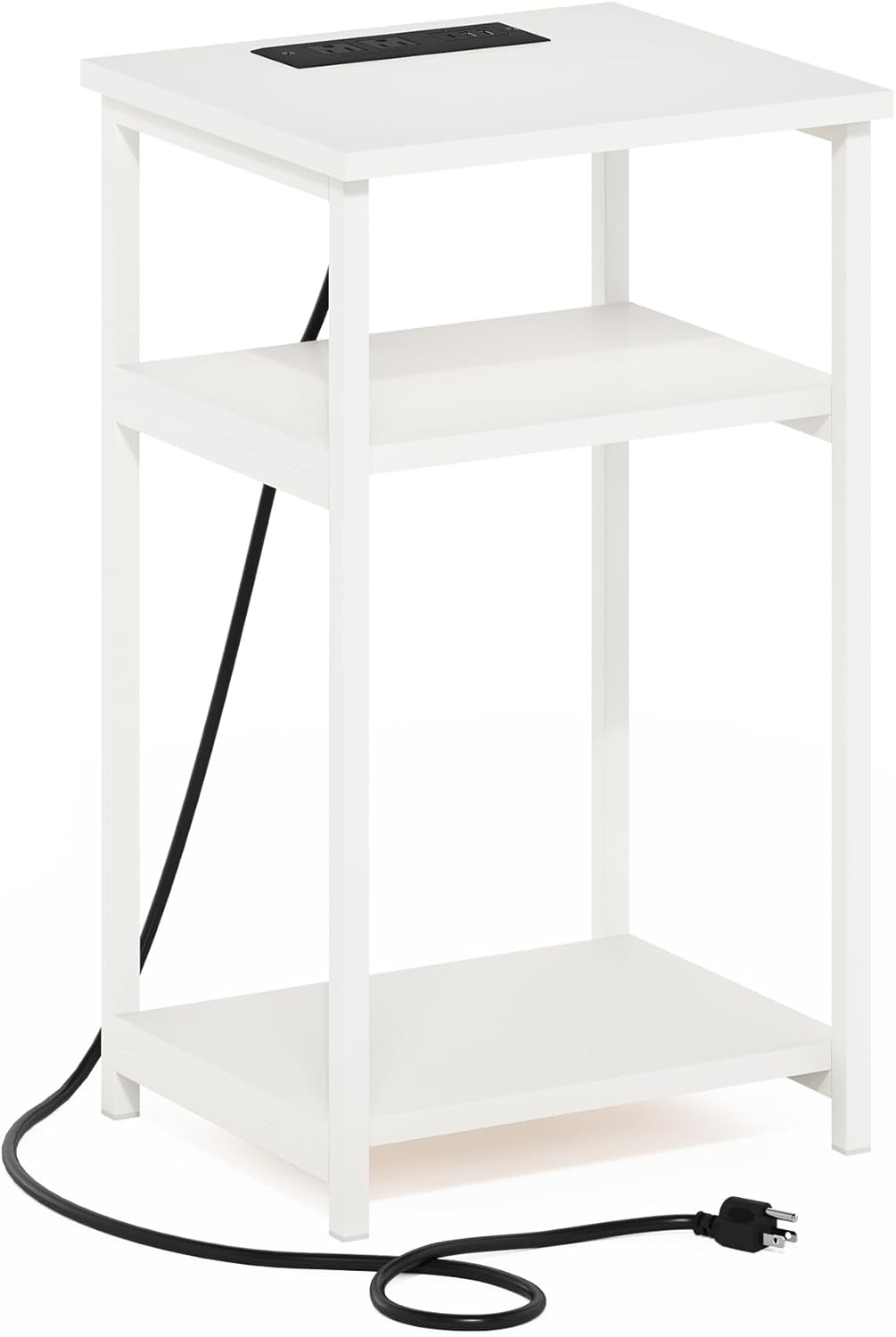 Furinno Moretti Side Table, 3-Tier Modern End Table with Charging Station, Metal Frame Night Stand, Bedside Table with USB and Type-C Charging Port, for Living Room, Bedroom, White
