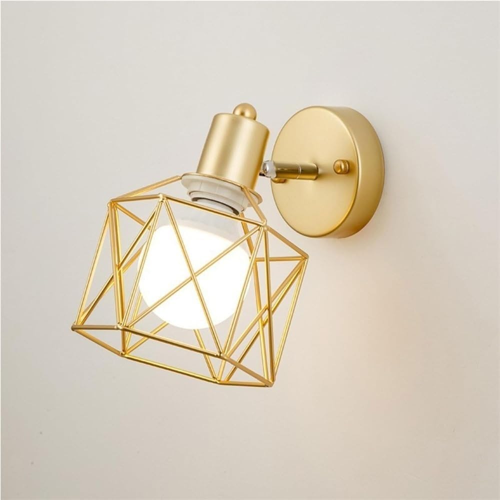Farmhouse Wall Lamp with Iron Cage Shade E26/E27 Base for Bedroom Bedside Rustic Industrial Sconce Lighting Fixture Living Room Hallway(Gold)