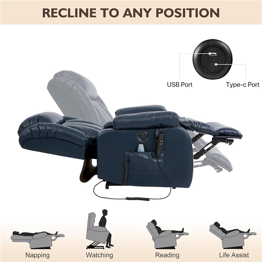 Electric Power Lift Recliner with Massage and Heat – Large Leather Sofa Chair, USB Charging Ports, Remote Control, Breathable Upholstery, Cup Holders for Elderly Living Room