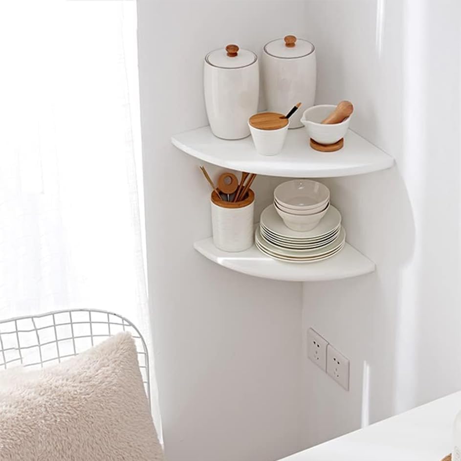 Corner Wall Shelves, White Floating Corner Shelf, Set of 2 16inch Solid Oak Wood Shelves, Round End Wall Mount Display Shelf with Wire Hole for Small Plant for Bedroom Kitchen, Living Room