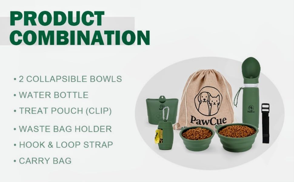 Dog Travel Kit 7-in-1 – Collapsible Bowls, Water Bottle, Treat Pouch, Waste Bag Holder, Strap & Carry Bag – Portable Pet Travel Essentials for Walks, Hiking, Road Trips & Everyday Use – PawCue