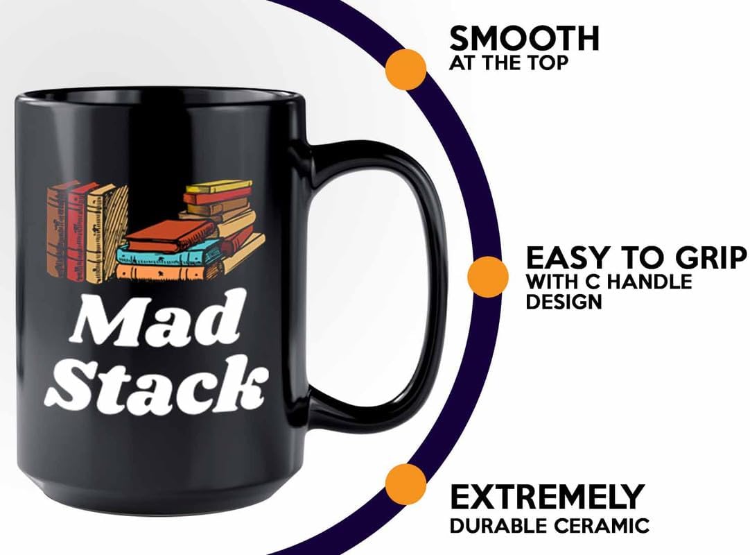 Reading Coffee Mug 15oz Black - Mad Stack - Reader Gift Bookworm Owl Lover Cat Lover Book Lover Novelist Librarian Writer