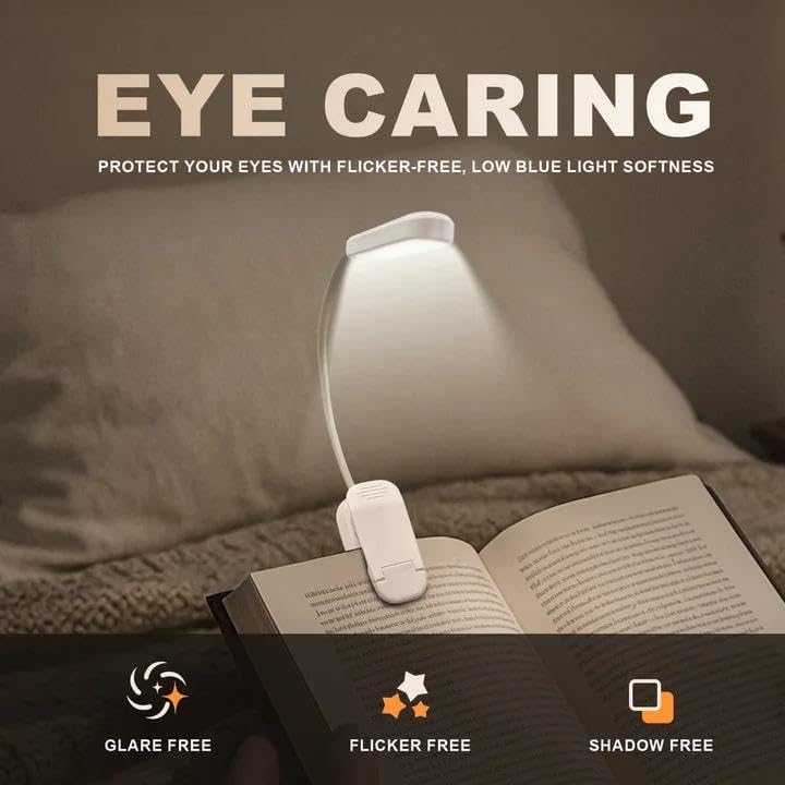 Rechargeable 20 LED Book Lights for Reading at Night - Energy Saving with Extended 60Hrs Runtime, 15-Level Stepless Dimming, Flexible Lightweight Clip on Light for Studying, Travel, White