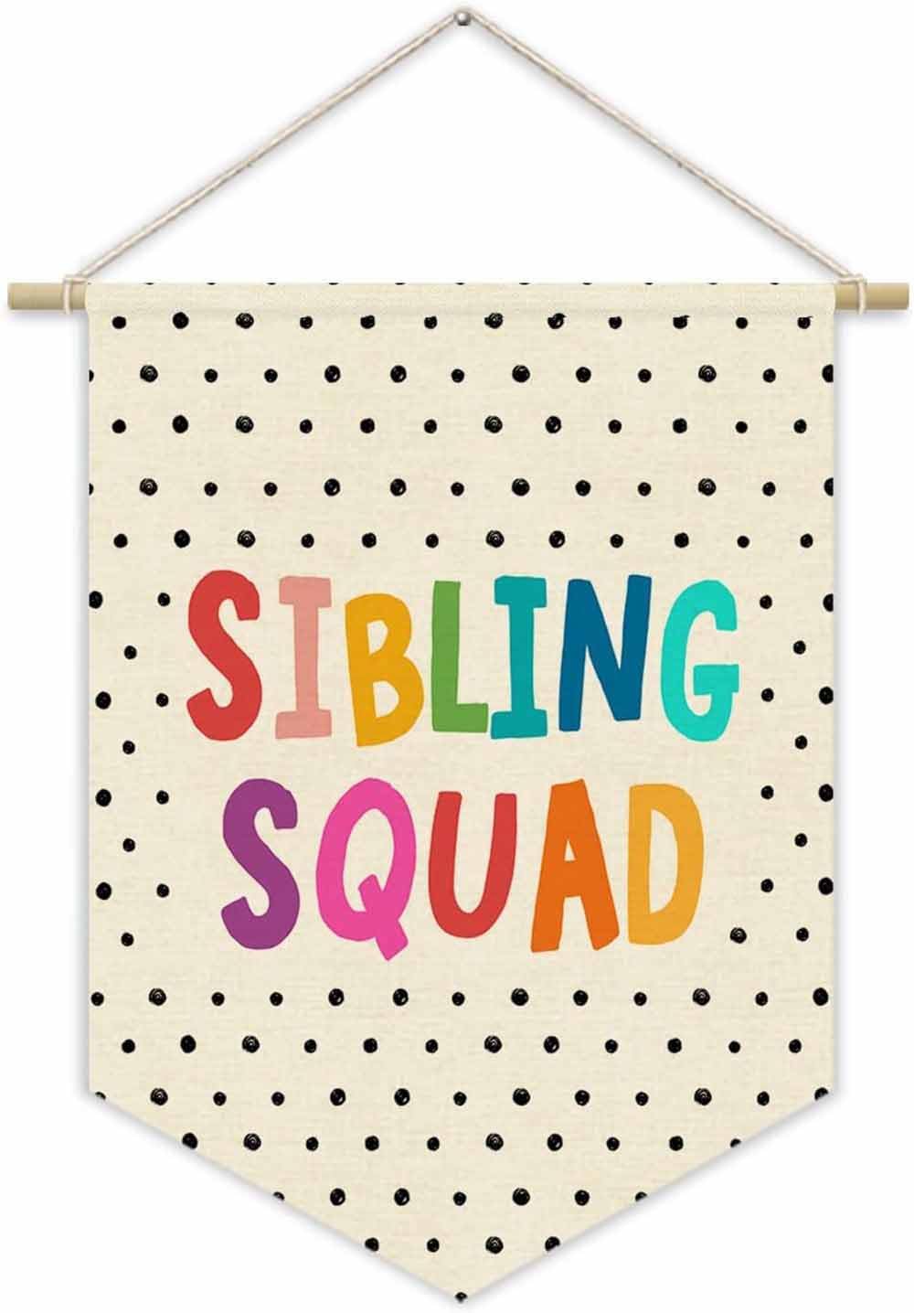 Girl Nursery Decor Canvas Banner,Nursery Bedroom Playroom Wall Art Decorations,Nursery Hanging Sign with Rope (Sibling Squad)