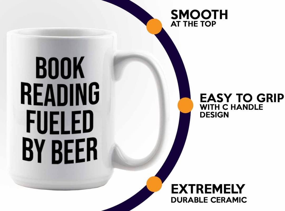 Hobby Beer Lover Coffee Mug 15oz White - book reading fueled by beer - Mountain Biking, Bike Riding, Bicycling Lover, Cycling Bike Enthusiast, Road Bike