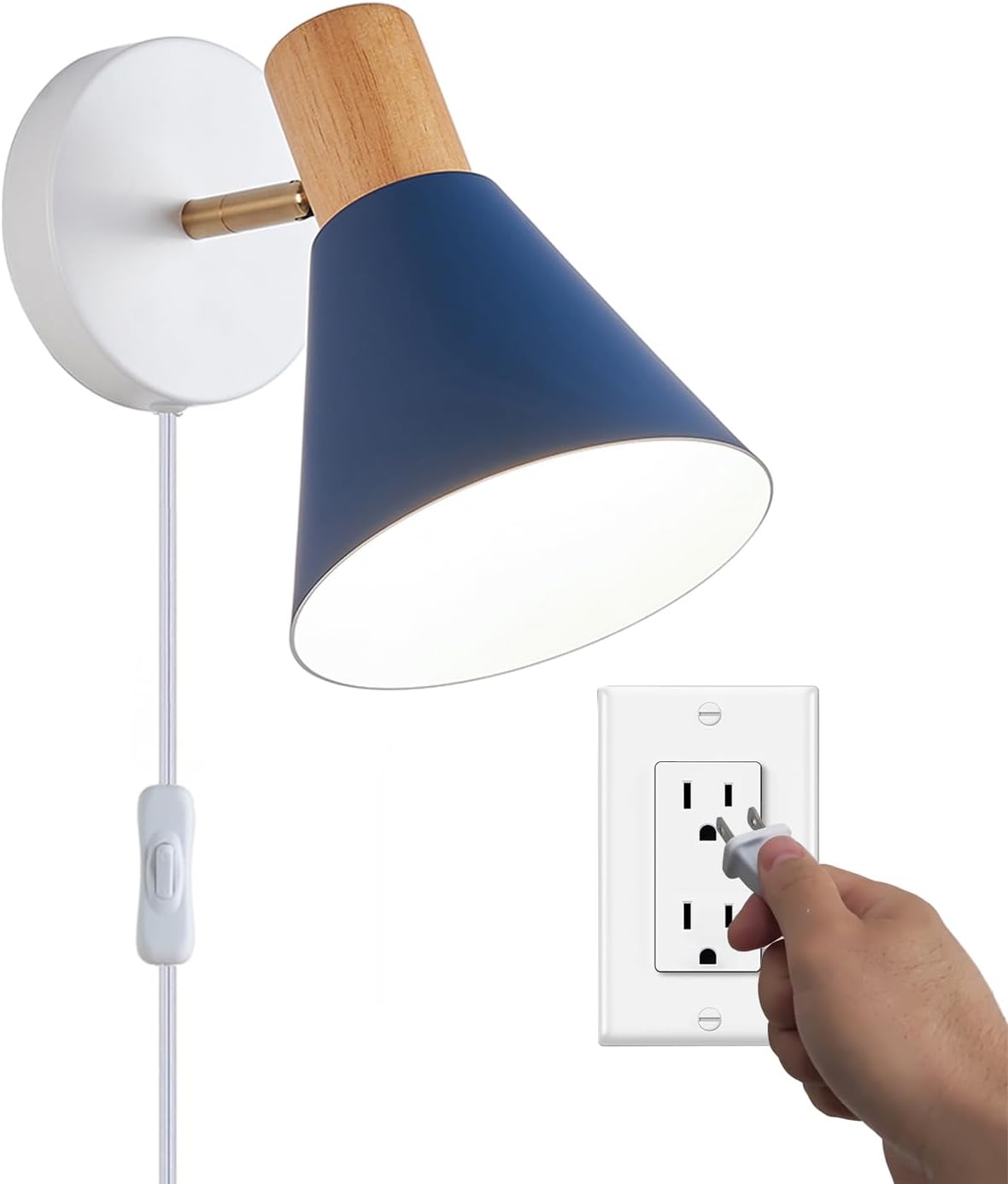 Plug in Wall Sconces Lighting Fixture, Wooden Adjustable Bedside Wall lamp for Industrial Bedroom, Living Room Bathroom Sink Lighting (1, Blue)