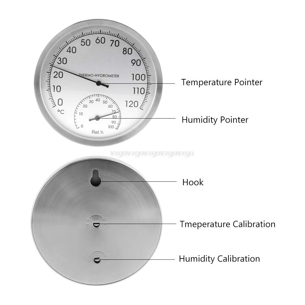 127mm 5" Thermometer Hygrometer Wall Hung Stainless Steel Indoor Outdoor Sauna Room Temperature Humidity Tester Monitor