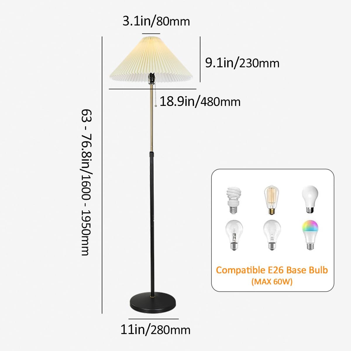 Nordic Cream Style Floor Lamp Adjustable Height Standing Lamp Pleated Shade Vertical Light with Pull Chain Switch Eye Protection Reading Pole Lights Black Iron Floor Lamps for Living Room
