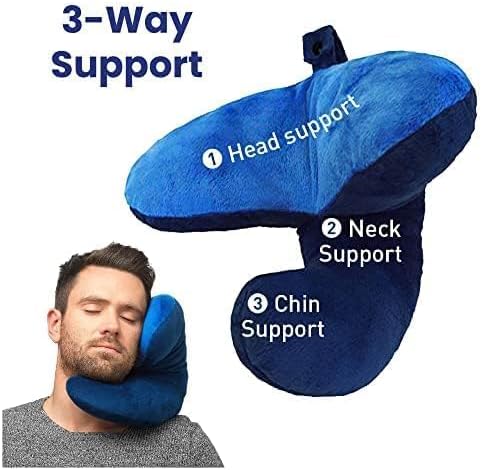 J-Pillow Travel Pillow + Carry Bag, (No Scarf) - Chin & Neck Support in Any Sitting Position, Travel Pillow for Aeroplane - (Blue)
