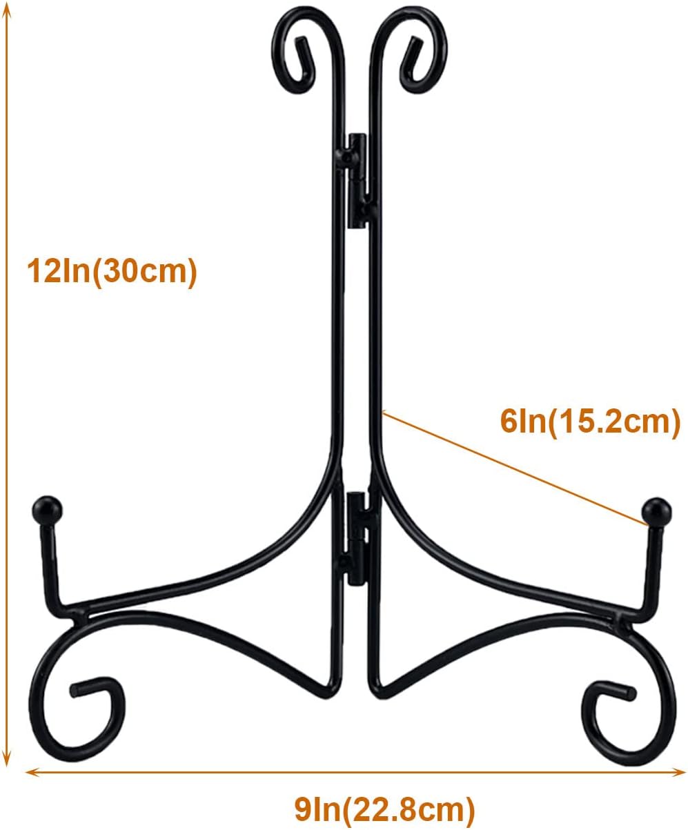 Plate Stand, 12 Inch Plate Holder for Display, Tabletop Black Iron Easel for Photo, Picture Frame, Artwork, Album Card and Decorative Plates (Black Color, 1-Pack)