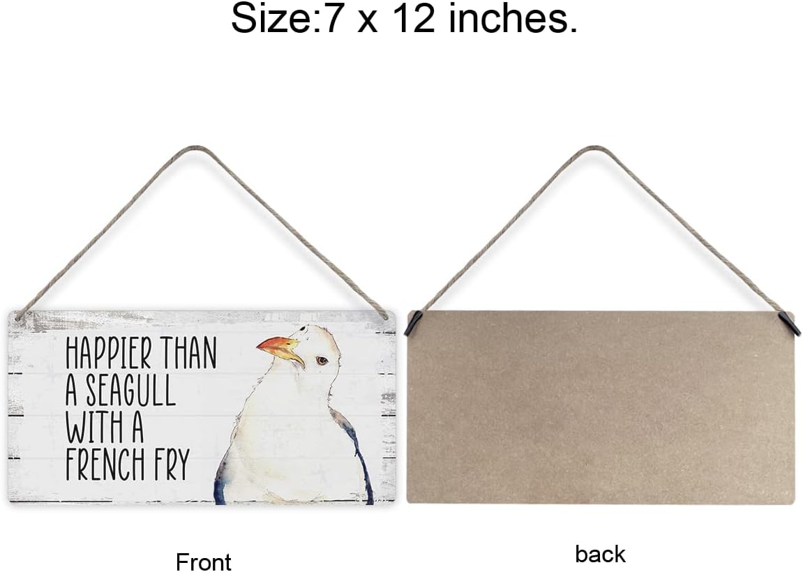 MIGUMUTU Happier Than a Seagull with a French Fry Sayings Home Wall Decor Wooden Signs Rustic Farmhouse Hanging Wall Plaque Sign Beach Gift