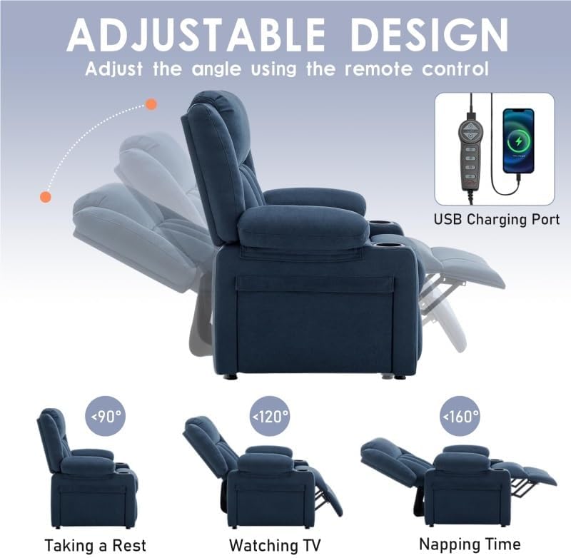 Power Reclining Sofa Chair with Heat and Massage Upholstered Heating Point Theater Seating Single Chairs with Side Pockets Sidetable for Home Furniture